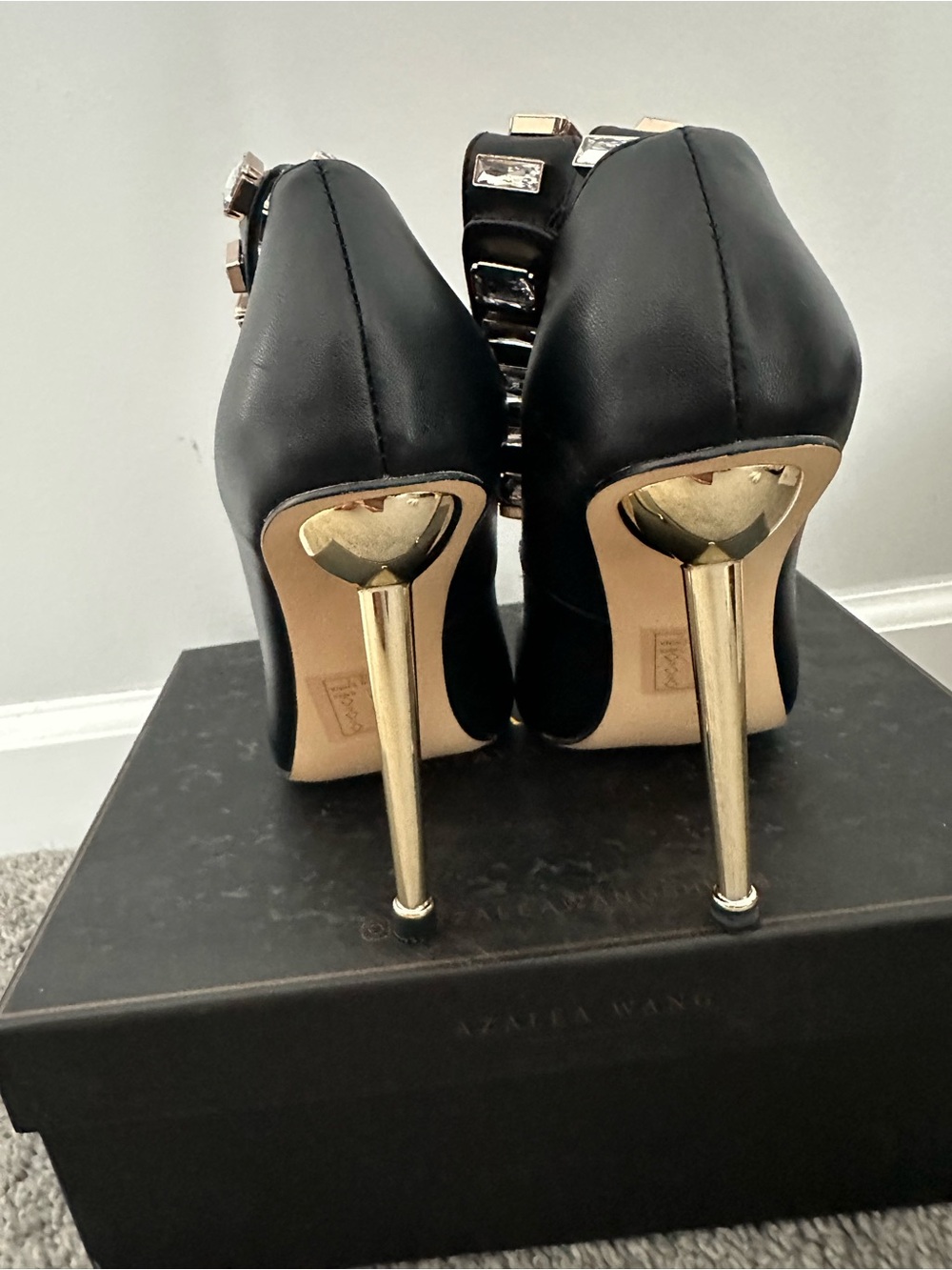 AKIRA Black Pointed Jeweled Ankle-Strap Stiletto Pumps - Picture 3 of 6
